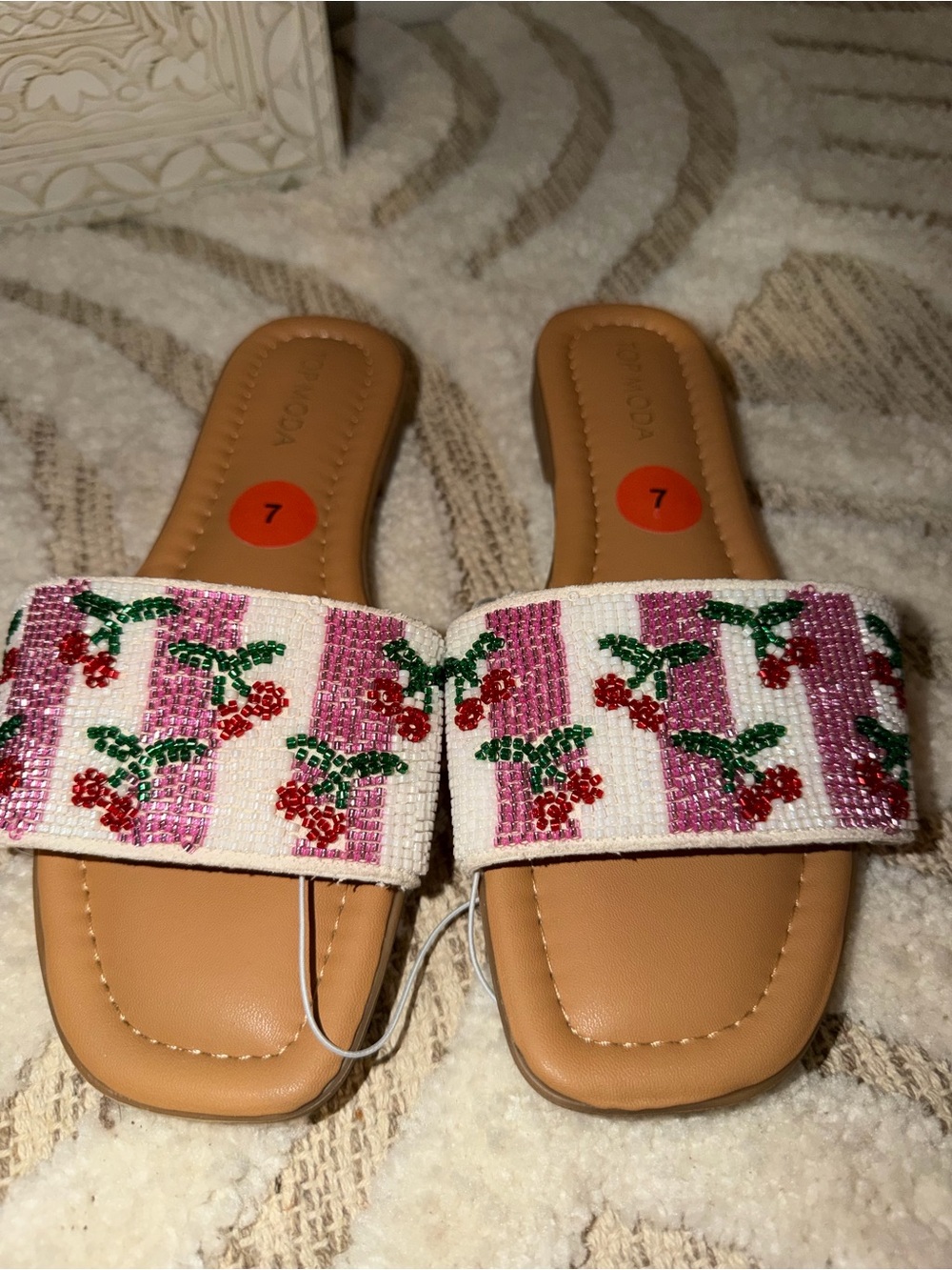 TOP Moda Tan Slide Sandals with Pink and Red Beaded Cherry Strap